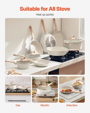 Набір посуду VEVOR індукційний 19 предметів з кришками, антипригарне покриття, для кухні, кемпінгу, приготування соусів (білий)