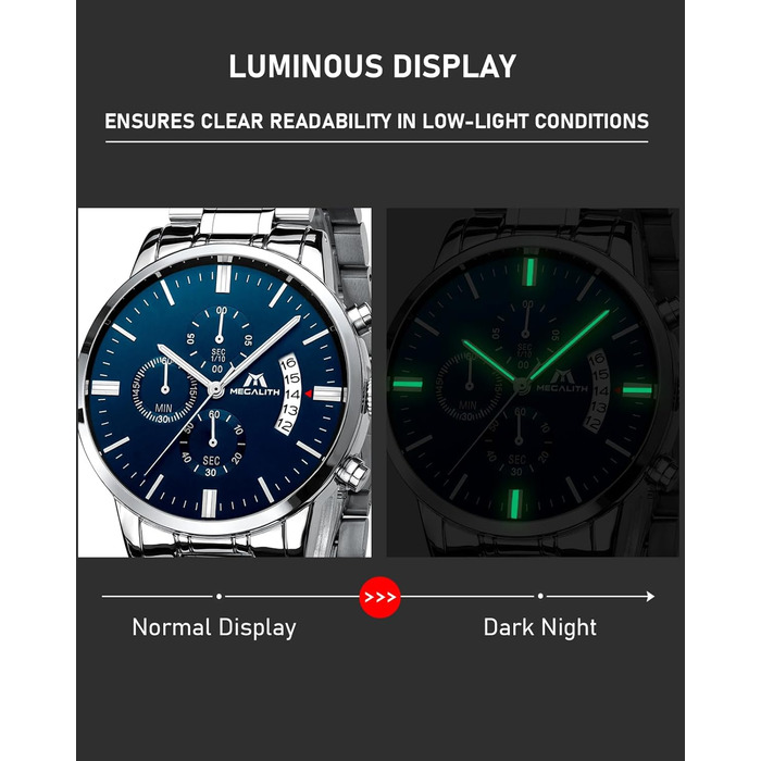 Чоловічий годинник MEGALITH з нержавіючої сталі, хронограф: велике циферблат, водостійкий, з датою, для роботи та відпочинку. Стильний подарунок для чоловіків, колір: срібно-блакитний.
