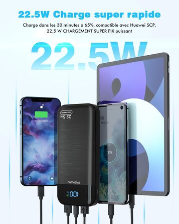Портативний зарядний Power Bank 27000 mAh з LED дисплеєм, 3 виходами та 2 входами, 22.5W/PD20W, для зарядки смартфонів