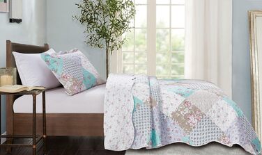 Набір постільної білизни Brilliant Sunshine Grey Heart Love Patchwork: ковдра та наволочка, двоспальне ліжко, блакитно-зелений, стегане покривало