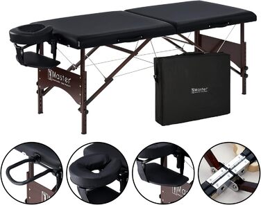 Масажний стіл Argo Master Massage 71 см, складний, портативний, чорний, з сумкою, дерев'яні ніжки з горіха
