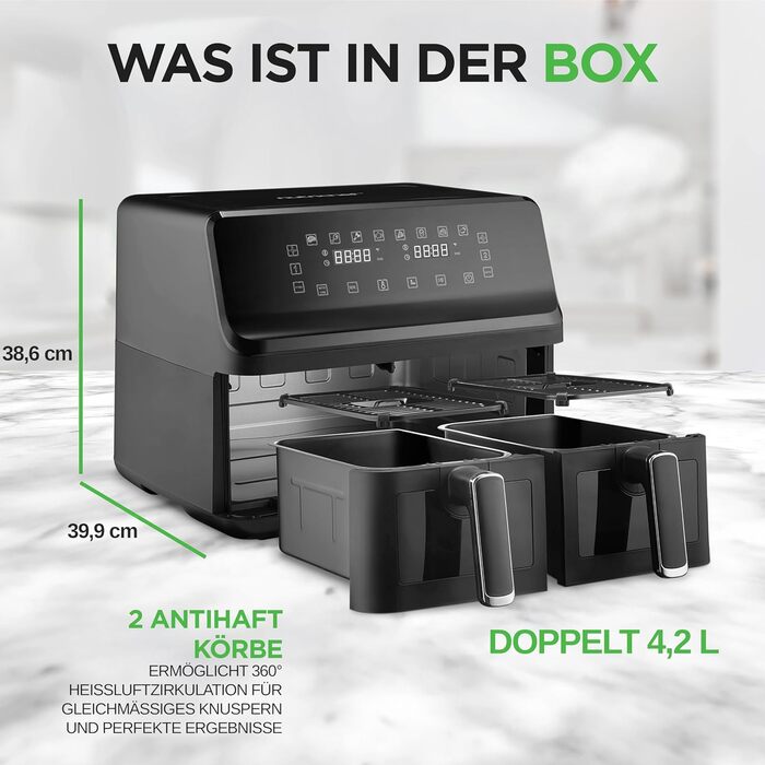 Фритюрниця NutriChef з подвійною камерою, 8л, 1700W, чорна. 9 програм, антипригарне покриття, для смаження, приготування на грилі та випікання