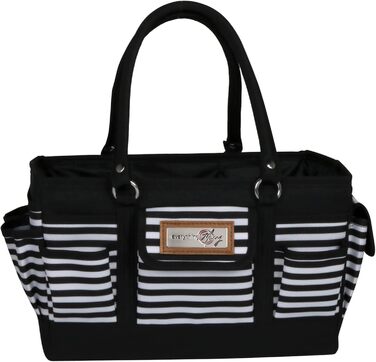 Everything Mary Blaugruner, geometric deluxe store and tote bag, organizer for crafts, sewing, paper, art, desk, canvas, accessories, storage with handles for travel (black and white stripes)
