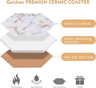 Marble-Style Coasters, Set of 6 - Drink Coasters for Wood Table With Metal Holder - Gold-Colored Ceramic Cup Set - Rustic Home Decor, Room Decor, Party (Luxury White Gold Marble 06)