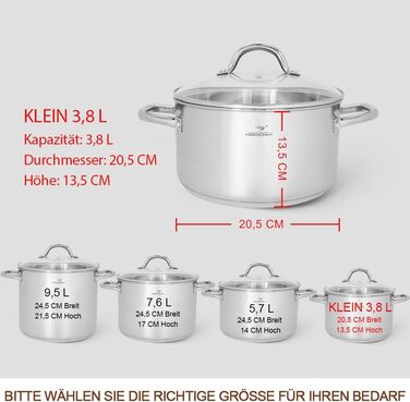 HOMICHEF Суповий каструля 9,5 л з кришкою, нікель-вільна нержавіюча сталь, індукційна, полірована, срібляста, з ручками