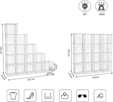 SONGMICS Storage Shelf, 16 Cube Storage System made of Metal Wire, DIY, Modular Grid Shelf, with Wire Frame, LPI44H (White)