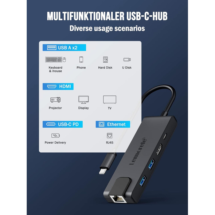Lemorele USB-C хаб 14-в-1: док-станція з 3 портами дисплея (2 HDMI 4K + VGA), 5 USB (3x USB 3.0), 100W PD, SD/TF кардрідер, аудіо, сумісна з MacBook, Dell, Windows