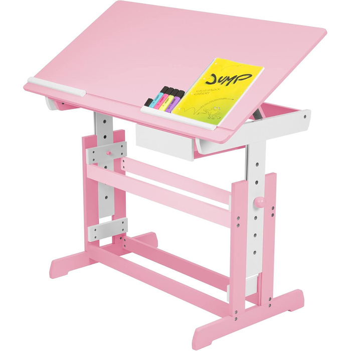 tectake® Adjustable Height Kids Desk with Tilting Tabletop & Storage Drawer - Pink | 400926