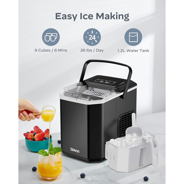 Машина для приготування льоду Silonn з кошиком – портативна та самоочисна, Mini Ice Maker, 9 кубиків/6 хв, 12 кг/день, зручне виймання та використання (Чорний, 1.2 л)