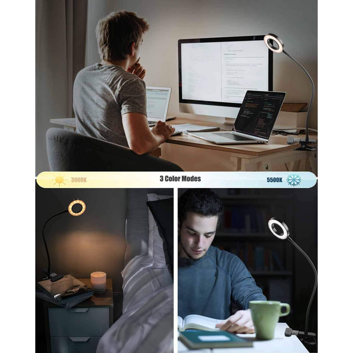 LED приліжкова лампа з кліпсою для ліжка, спальні, офісу, димується, 3 режими + 10 рівнів яскравості, гнучка, 8W, срібляста (чорна)