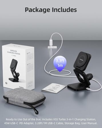 Зарядний пристрій KU XIU X55 Turbo Qi2.2 25W 3-в-1 для Apple Watch, iPhone 17-12 та AirPods, магнітний складаний стенд, адаптер 45W (Чорний)