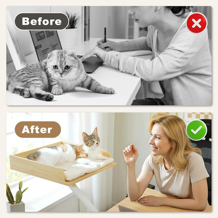 Кішка ліжко PAWZ Road для столу з інтерактивним плюшевим м'ячем, кошик для котів, 360° обертається, гамак для котів, ліжко для котів, підходить до 22.5 кг (Бежевий, прямокутний, дерев'яний)