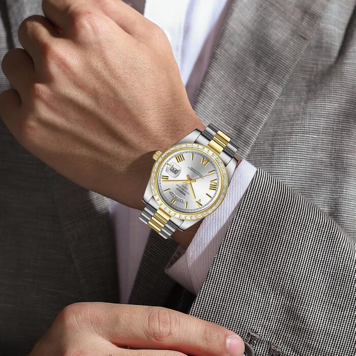 Годинник NIBOSI для чоловіків: аналоговий кварцовий годинник з діамантовою безелем, сталевим циферблатом, рожевим золотом та сріблом. Водонепроникний бізнес-годинник у стилі casual, класичний дизайн з датою та днем тижня (Золотий, Білий)