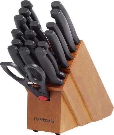 Farberware 18-Piece Stainless Steel Knife Block Set with Non-Slip Grips - Black/Natural Finish
