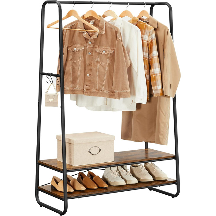 VASAGLE Clothes Rack, Coat Rack, Coat Stand, with 2 Shelves, 6 S-Shaped Hooks, Steel Frame, for Bedroom, Hallway, Entrance Area, Vintage Brown-Black RGR112B01