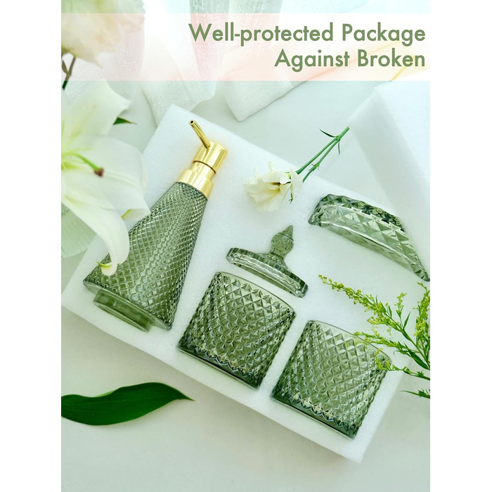 Набір аксесуарів для ванної кімнати, зелений, 4 шт. (скло), набір для ванної кімнати з дозатором мила, мильницею, тримачем для зубних щіток, скляною баночкою для ватних паличок, декор у стилі бохо, сучасний