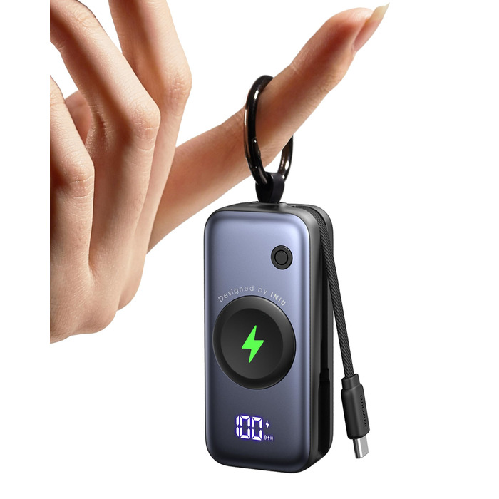 Power Bank INIU для Apple Watch, 5000mAh, вбудований кабель, LCD-дисплей, сумісний з iWatch 10/9/8/Ultra2/Ultra/SE, iPhone 16/15 (Чорний)