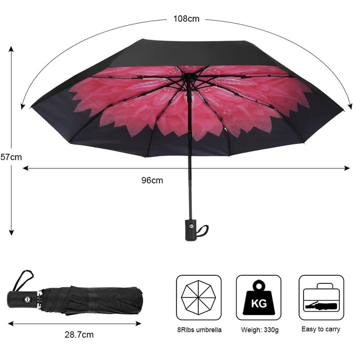 Стійкий до вітру туристичний парасолька з автоматичним відкриванням/закриванням, 8 спиць (червоний)