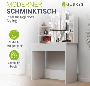 Туалетний столик Juskys Zoey з LED підсвіткою, дзеркалом, шухлядою, 3 відділеннями та шафкою, 90x38x137 см, білий, дерев'яний косметичний стіл