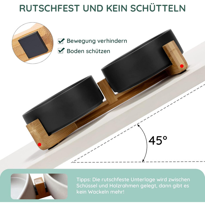 Миска для собак та котів SpunkyJunky з кераміки, 400 мл, чорна, з бамбуковою підставкою (подвійна)