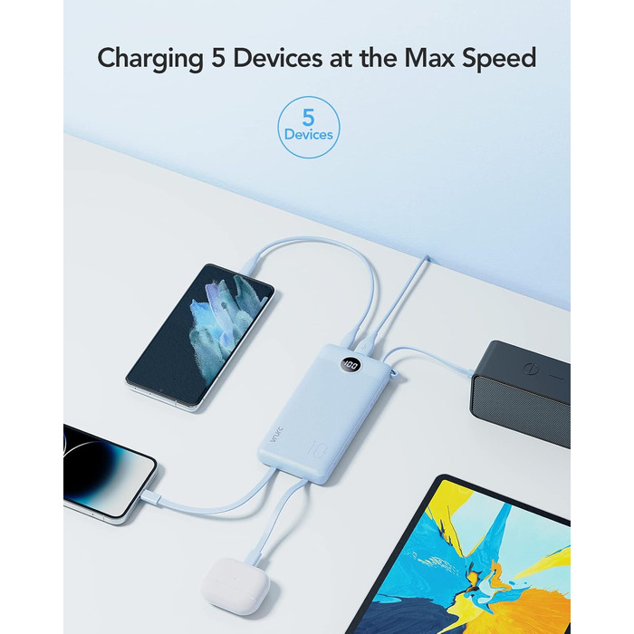 Power Bank VRURC 10000mAh з 4 кабелями: портативний акумулятор USB-C для iPhone, Huawei, Samsung та Android (синій)