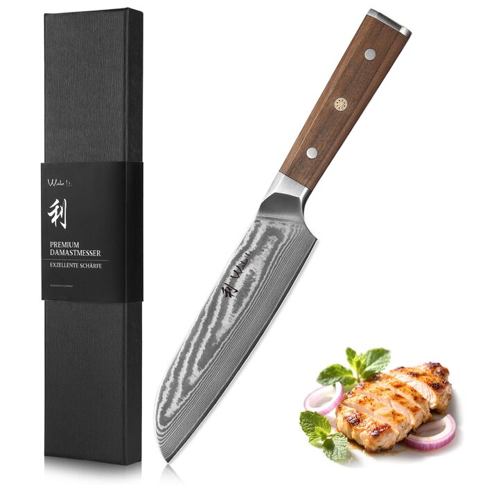 Ніж кухонний Wakoli Santoku Damast (18 см), сталь VG10, 67 шарів, рукоять з горіха, професійний, в подарунковій коробці