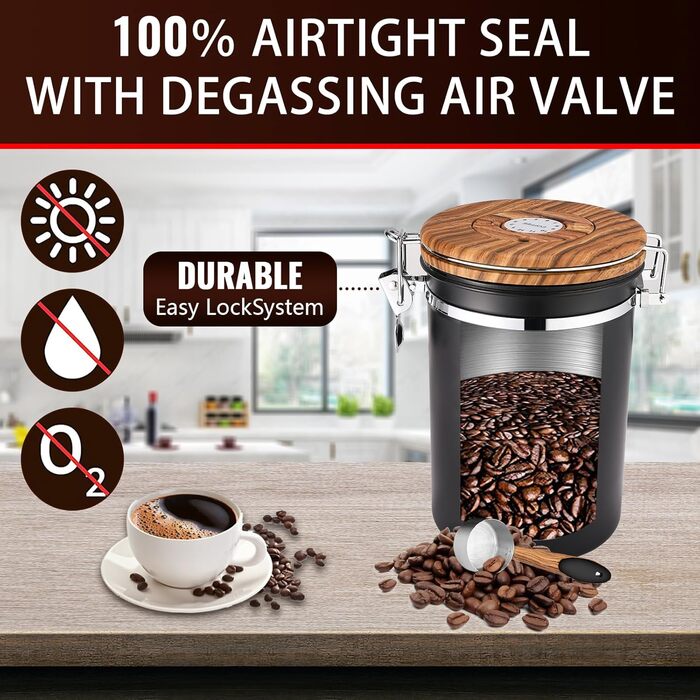 Контейнер для кавових зерен Royouzi з нержавіючої сталі 304 з випускним клапаном, багаторазовий контейнер для зберігання з мірною ложкою, багатофункціональне герметичне скло для дому та офісу (чорний)