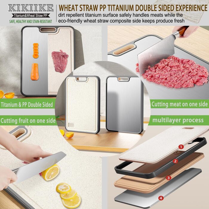 Дошка для нарізання Titan, двостороння, з чистого титану, кухонна, безпечна для продуктів харчування, з антипригарним покриттям, довговічна та легка у митті, 39 x 28 см