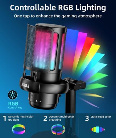 Мікрофон для ПК NJSJ Gaming RGB, для стрімінгу та запису, USB, сумісний з PS4/PS5/Mac, з регулятором гучності, чорний