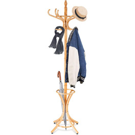 GIANTEX Coat Rack with Umbrella Stand, Clothes Rack Wood with 12 Clothes Hooks, Wooden Coat Tree Freestanding, Standing Coat Rack for Entryway Living Room (white) (natural)