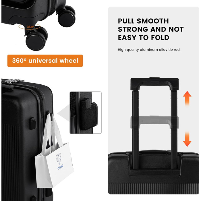 Чемодан ручної об'єм 20 дюймів з відділенням для ноутбука, легкий валіз з жорсткою оболонкою та TSA-замком, ручна поклажа на спінінгових колесах, USB-зарядний пристрій та тримач для напоїв, чорний