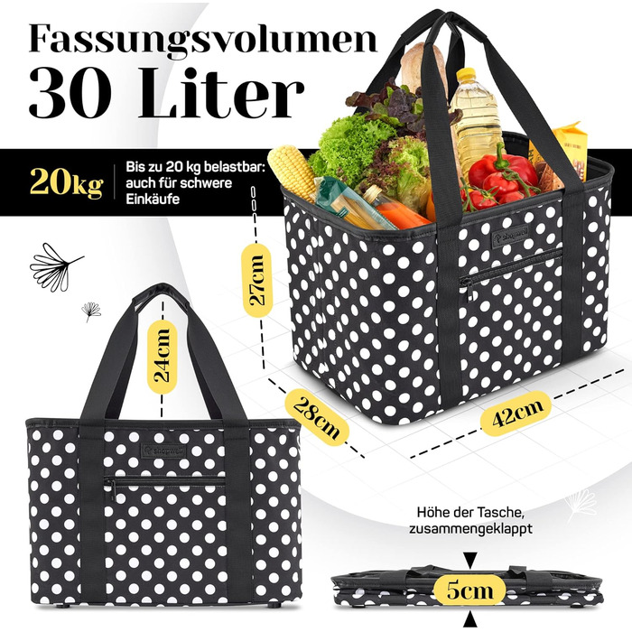 Foldable Shopping Basket in Premium Quality | Shopping Bag with Soft PU Leather Handle | Ideal Shopping Basket with 30 Liter Capacity | Sturdy & Secure Shopping Bag (Black/White Dotted)