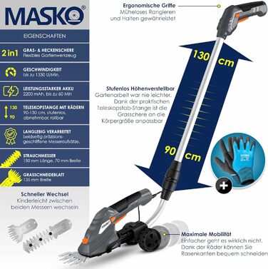 MASKO® Акумуляторні ножиці для трави та кущів 7,2V 2000мА·год, електричний садовий секатор, телескопічна ручка 90-130 см, колеса, зарядний пристрій, рукавички, ножі для трави і кущів