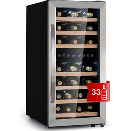 Klarstein 33-Bottle Wine Refrigerator - 2 Zone Freestanding Wine Cooler with Glass Door, Indoor/Outdoor Beersafe, LED Lighting, 5-18°C - Silver/Black