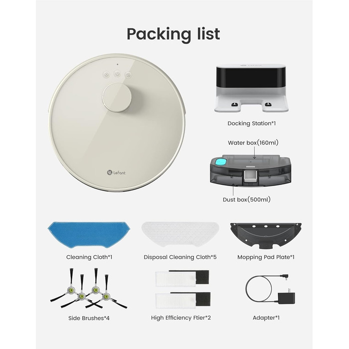 Робот-пилосос LEFANT M1-C з потужністю всмоктування 5500Pa, функцією сушіння, лазерною навігацією, багатошаровим картуванням, зонами заборони, WiFi/APP/Alexa. Підходить для твердих підлог та видалення шерсті тварин.