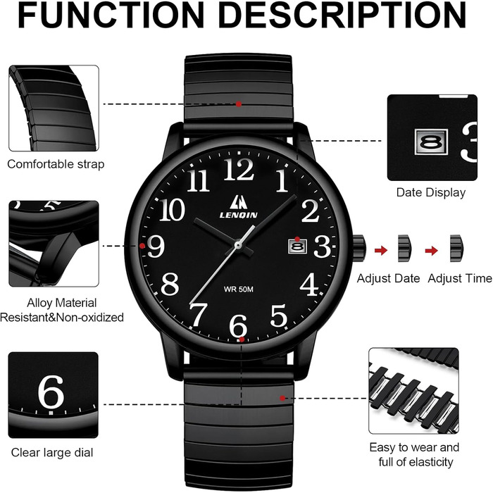Чоловічий годинник: аналоговий кварцовий годинник з датою, водонепроникний, 38 мм, чорний. Стильний годинник для бізнесу та повсякденного носіння
