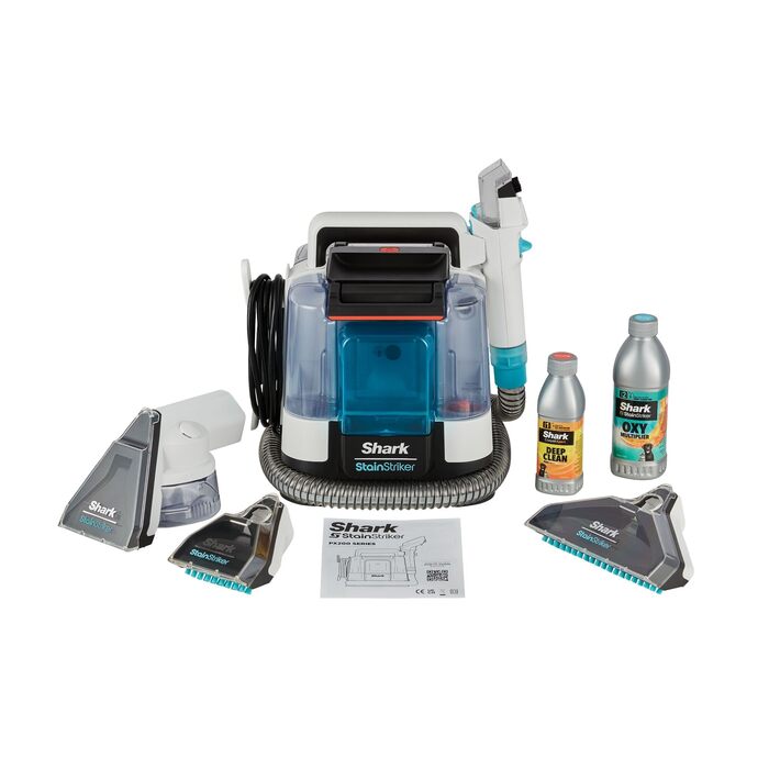 Shark Бездротовий видальник плям, портативний пилосос для прання та видалення запахів, для килимових покриттів, м'яких меблів та іншого, з коробкою для зберігання, аксесуарами та 2 × засіб для чищення, HX100EUCP (StainStriker Lösning Starterflaschen)