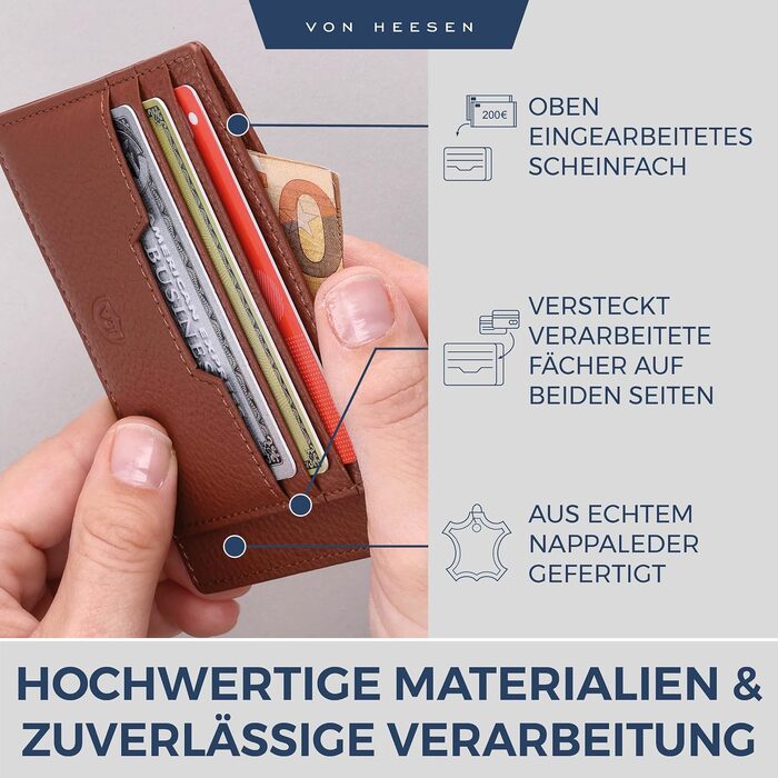 Шкіряний картхолдер VON HEESEN з RFID-захистом, портмоне для кредитних карток з наппа-шкіри, 9 відділень, унісекс (коньячний коричневий)
