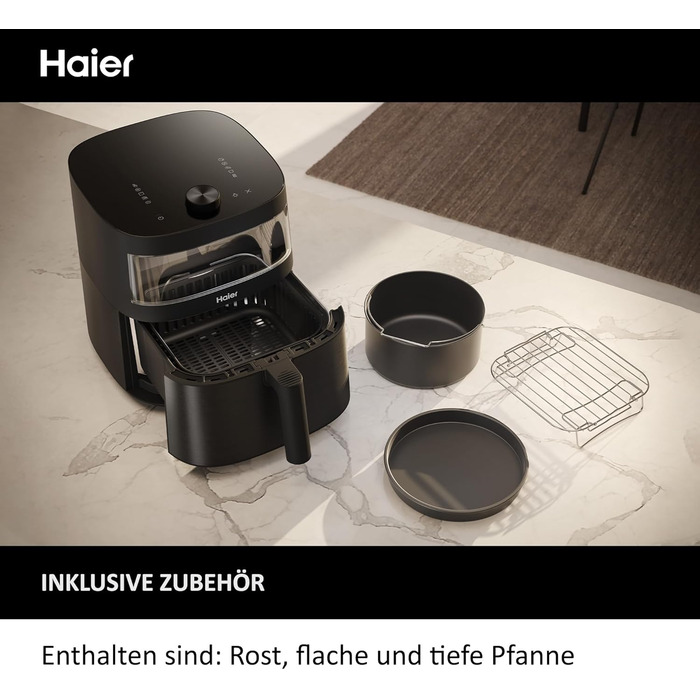 Аерофритюрниця Haier 7 л з вікном, 9 програм, 1700 Вт, LED-дисплей, без олії, для здорового приготування, серія 5 HAF5TWA3, посудомийна, з аксесуарами