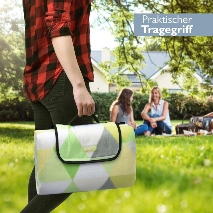 Beautissu XXL Плед для пікніка, водовідштовхувальний, ізольований, 200x200 см, сірий/зелений. Підходить для пляжу, кемпінгу, відпочинку на природі.