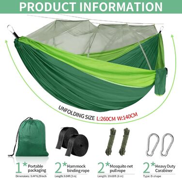 Гамак CIRULLI з москітною сіткою 260x140 см, вантажопідйомність 300 кг, парашутний нейлон, для кемпінгу, саду