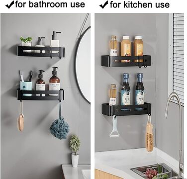 Настінна полиця Yeegout для ванної кімнати з гачками, кутова, чорна, з алюмінію, клейка