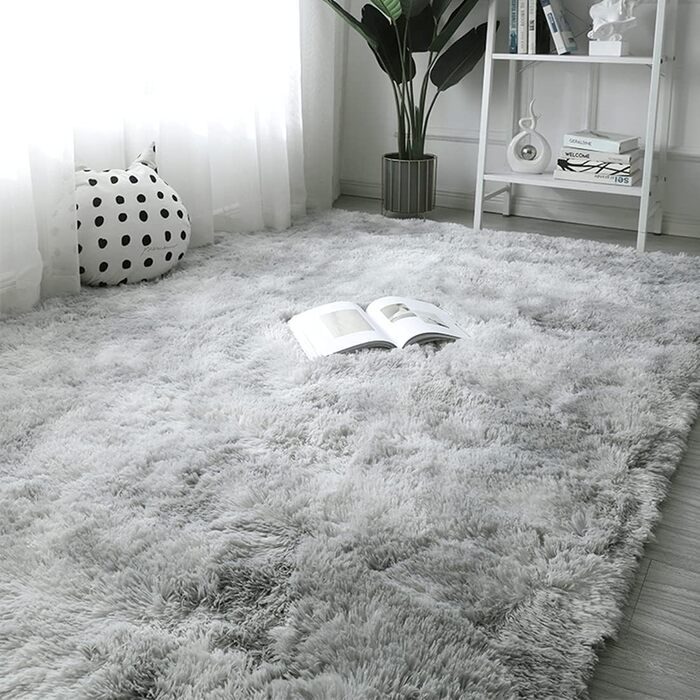 OYIMUA High Pile Rug 120x160 cm Grey White, Modern Fluffy Rug Living Room Children's Room Decor Bedroom Hallway Runner Outdoor Rug Faux Fur Shaggy Plain Bed Runner
