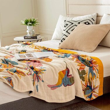 Бохо плед-покривало King Size 274x229 см, тепла затишна ковдра для дивана і ліжка з квітами і метеликами, весняний дизайн для вітальні