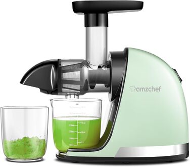 AMZCHEF Juicer for Vegetables and Fruits - Slow Juicer with Reverse-Masticating Function - Gentle Crushing Without Filtering - Electric Juicer with Brush and 2 Cups - Green