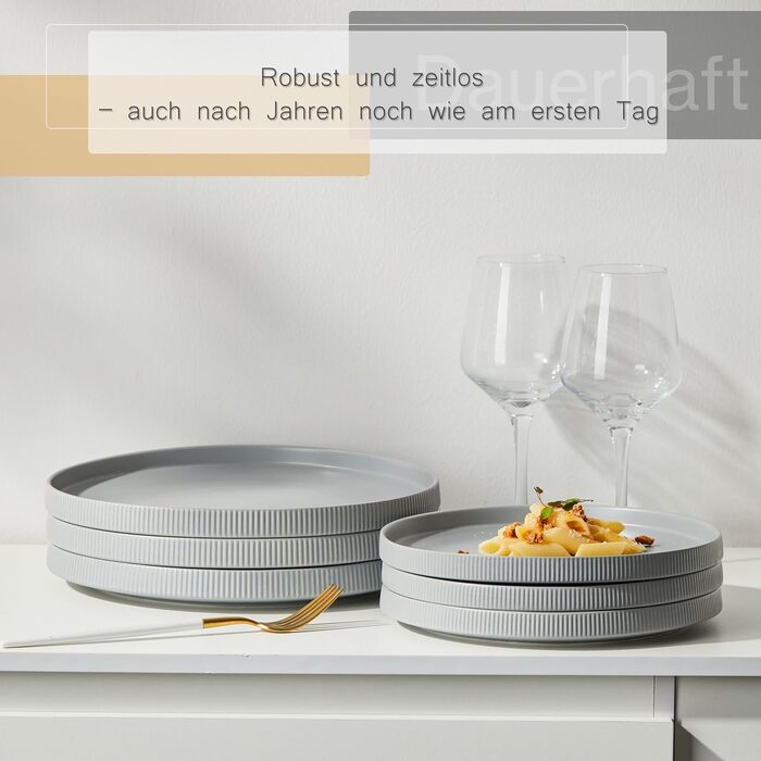 Набір посуду Jiwoo для 4 осіб (12 предметів): тарілки, десертні тарілки, супові миски. Bone China, матовий сірий колір, для мікрохвильовки та посудомийної машини