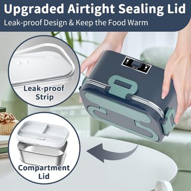 Електрична ланчбокс SOOOEC 100W, 3-в-1, з нержавіючої сталі, 12V/24V/220V, для авто/офісу, з ізольованою сумкою (Оранжево-чорний, Зелено-блакитний), об'єм 1.8L