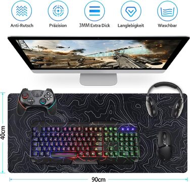 Ігровий килимок для миші Zindoo Gaming XXL 900x400 мм, топографічний візерунок Artistic Curve, чорний