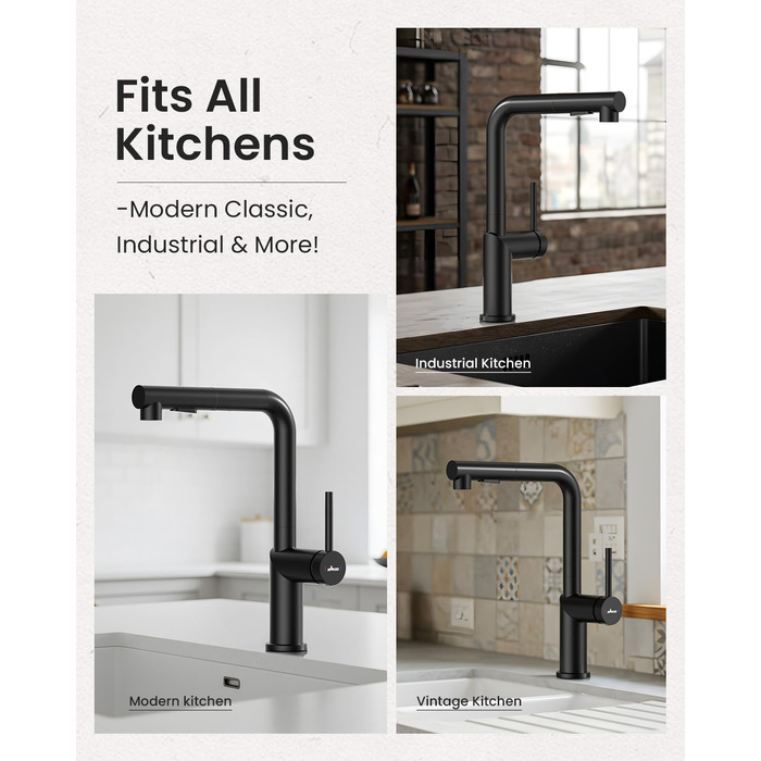 Кухонний змішувач Appaso, висувний, чорний, з 2 режимами струменя, 360° поворот, для кухні | Нержавіюча сталь, матовий чорний