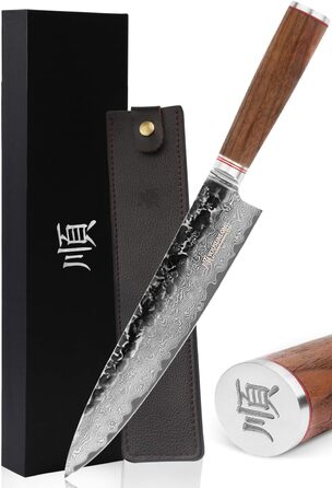 Ніж кухарський YOUSUNLONG Pro Gyuto 255 мм з дамаської сталі, ручка з натурального горіха, шкіряна піхва